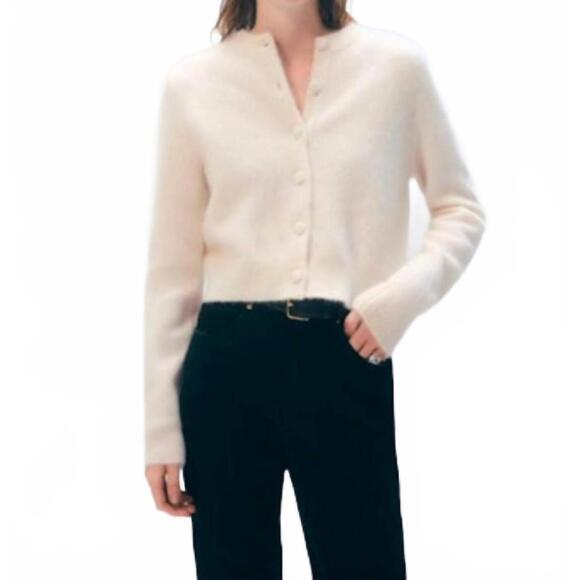NEW WHITE + WARREN brushed cashmere cardigan in ivory